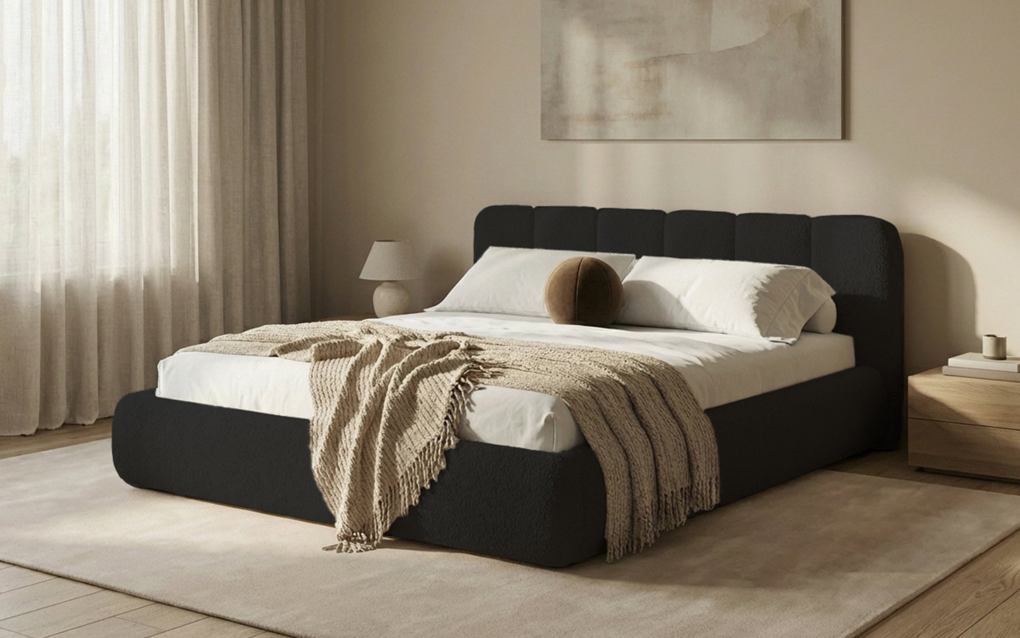 Designer-Polsterbett Avelo am Bouclé mat Späicherplaz