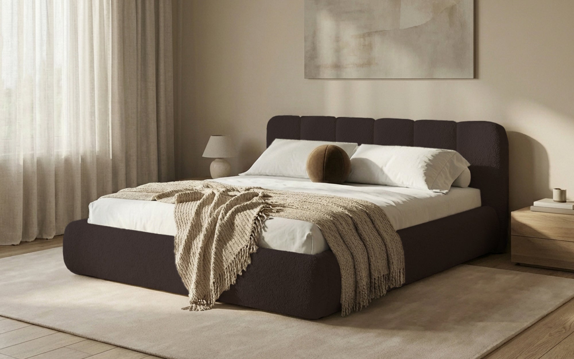 Designer-Polsterbett Avelo am Bouclé mat Späicherplaz