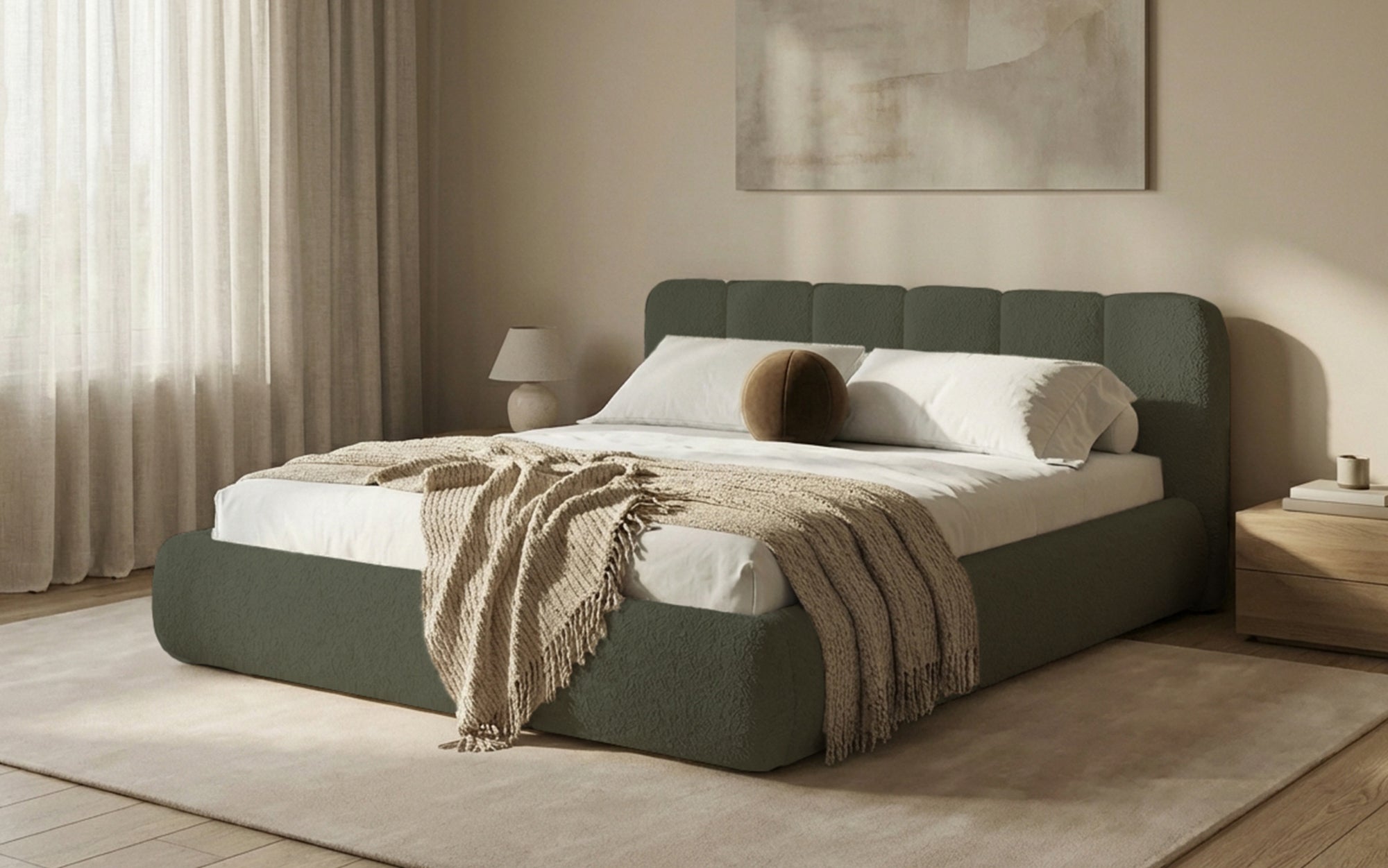 Designer-Polsterbett Avelo am Bouclé mat Späicherplaz