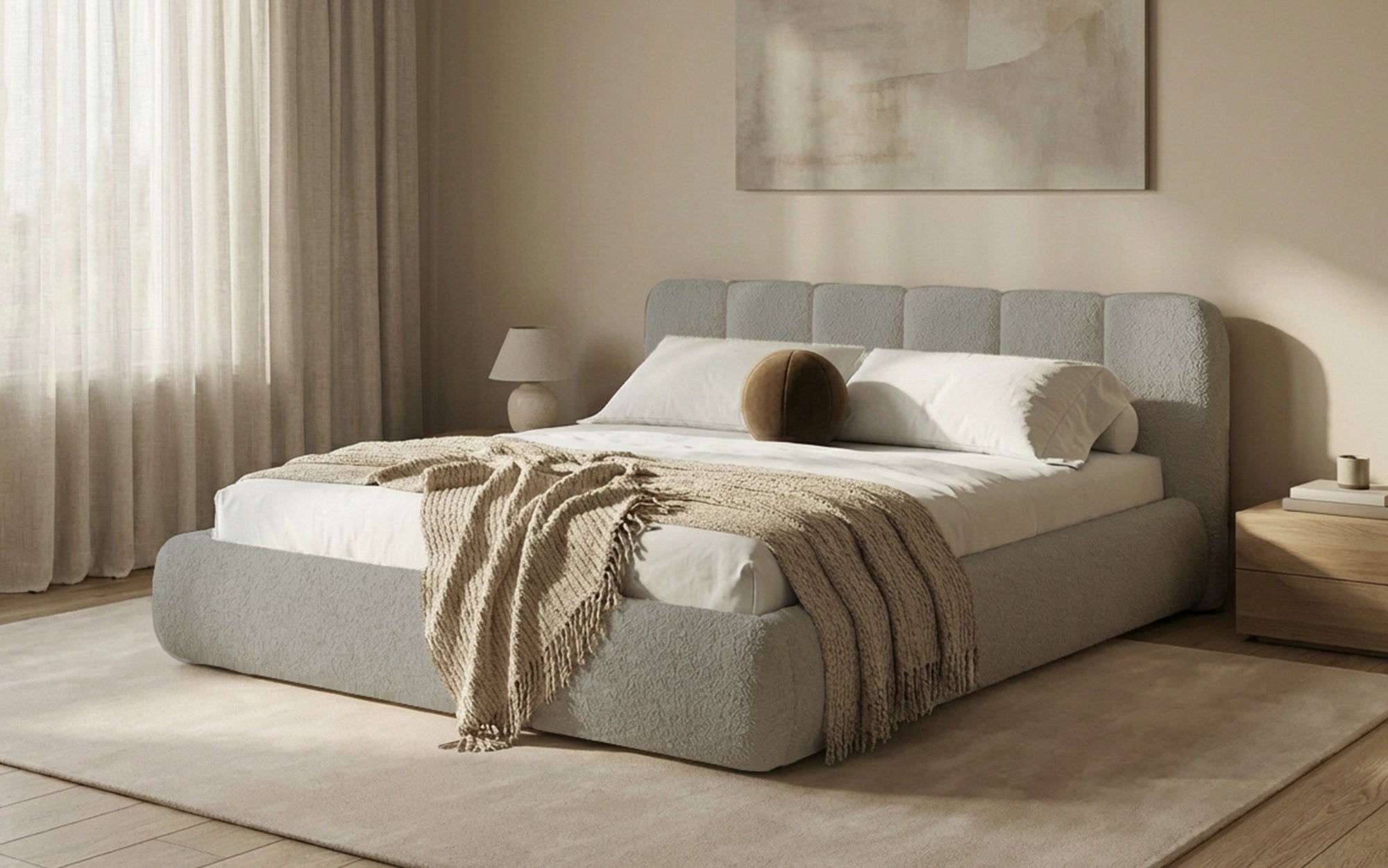 Designer-Polsterbett Avelo am Bouclé mat Späicherplaz