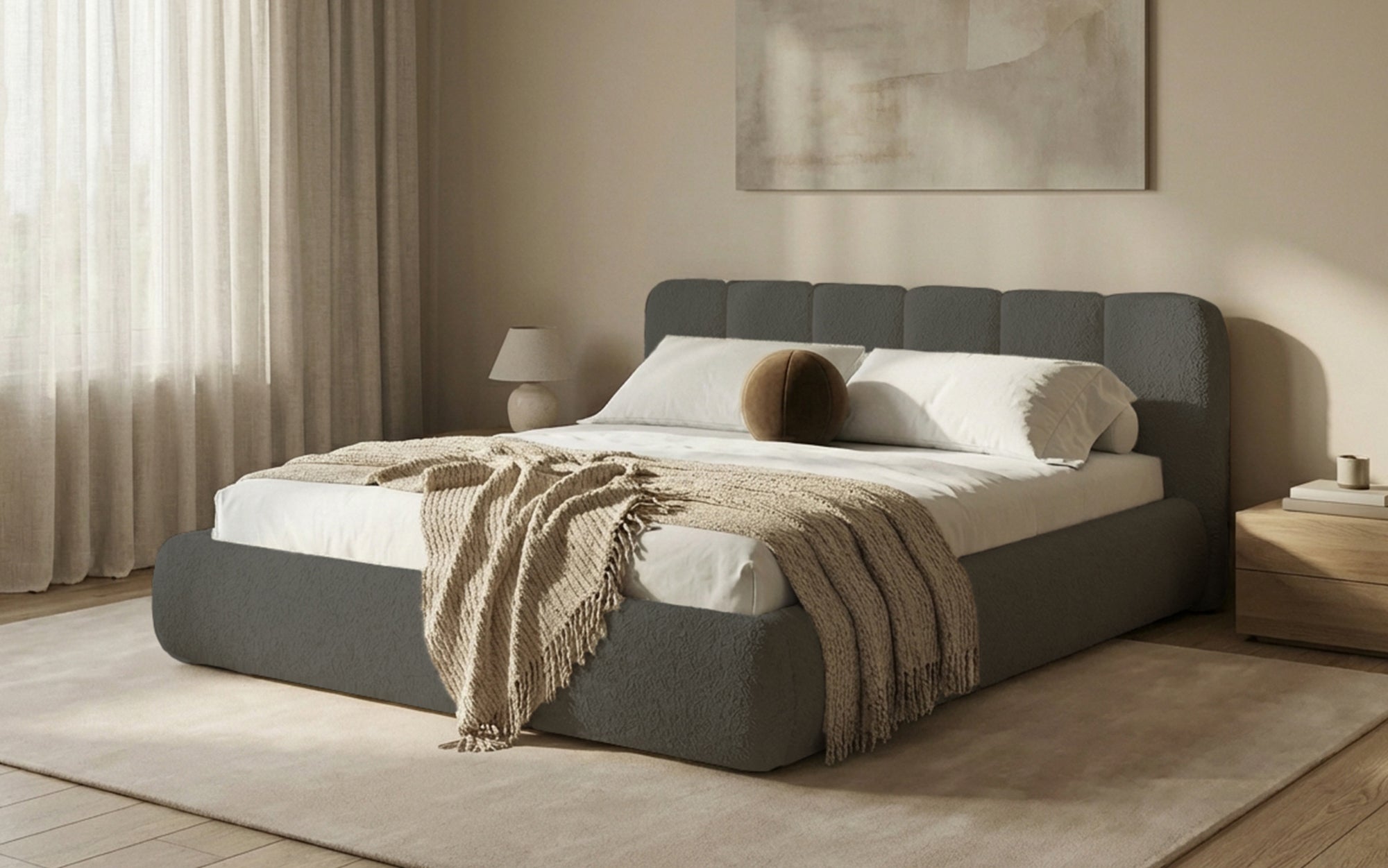 Designer-Polsterbett Avelo am Bouclé mat Späicherplaz