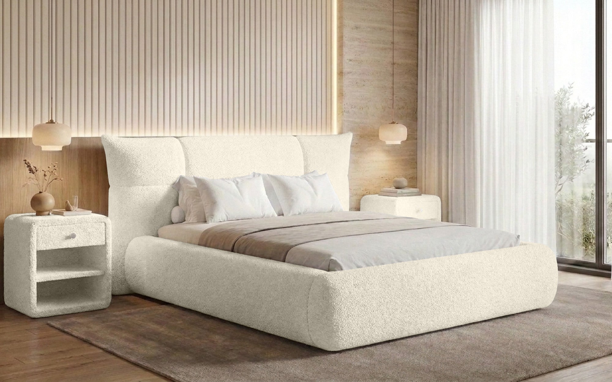 Designer-Polsterbett Gioia an Teddy-Bouclé mat Stauraum