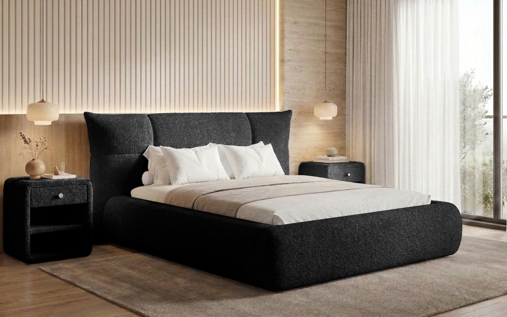 Designer-Polsterbett Gioia an Teddy-Bouclé mat Stauraum