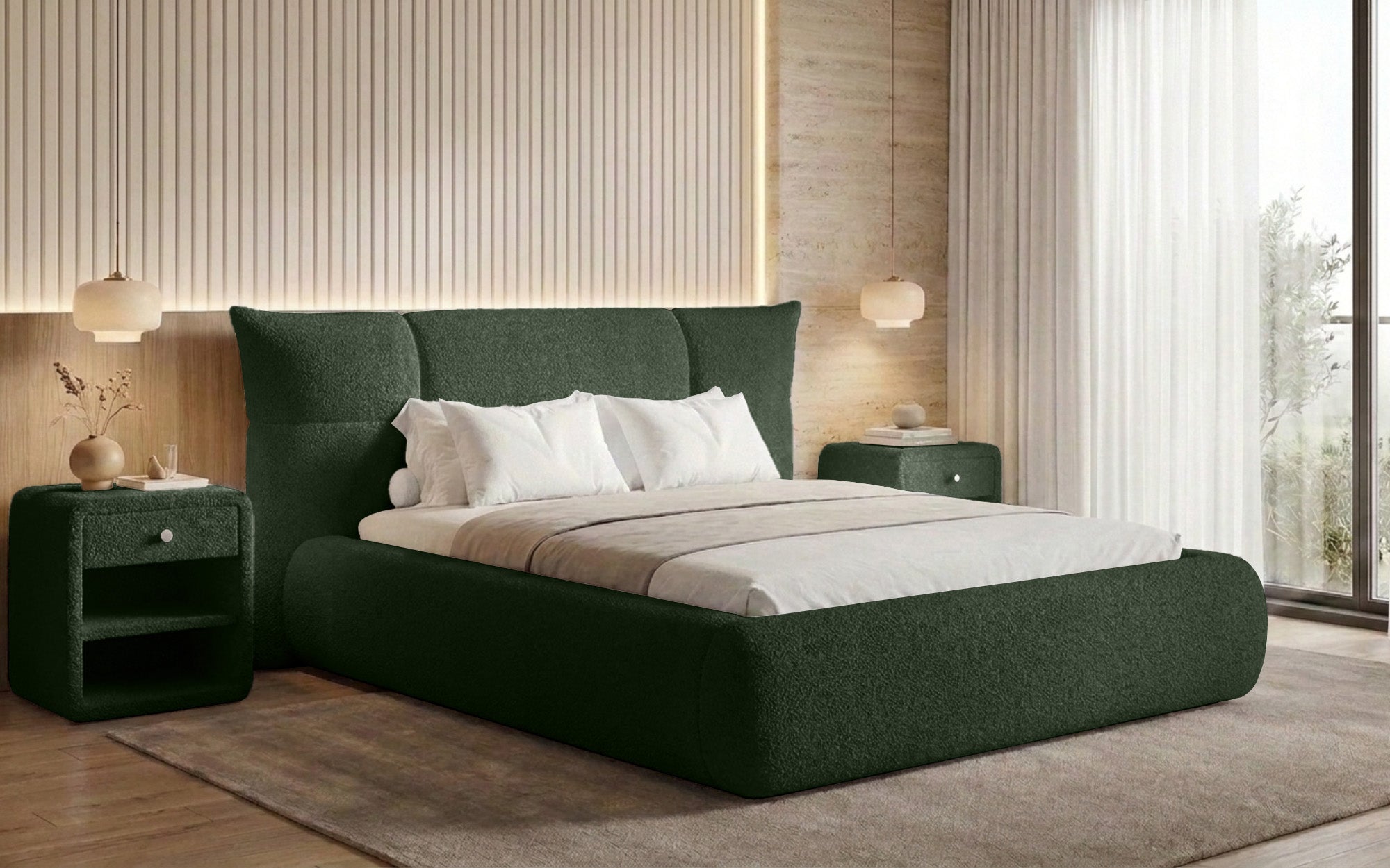 Designer-Polsterbett Gioia an Teddy-Bouclé mat Stauraum