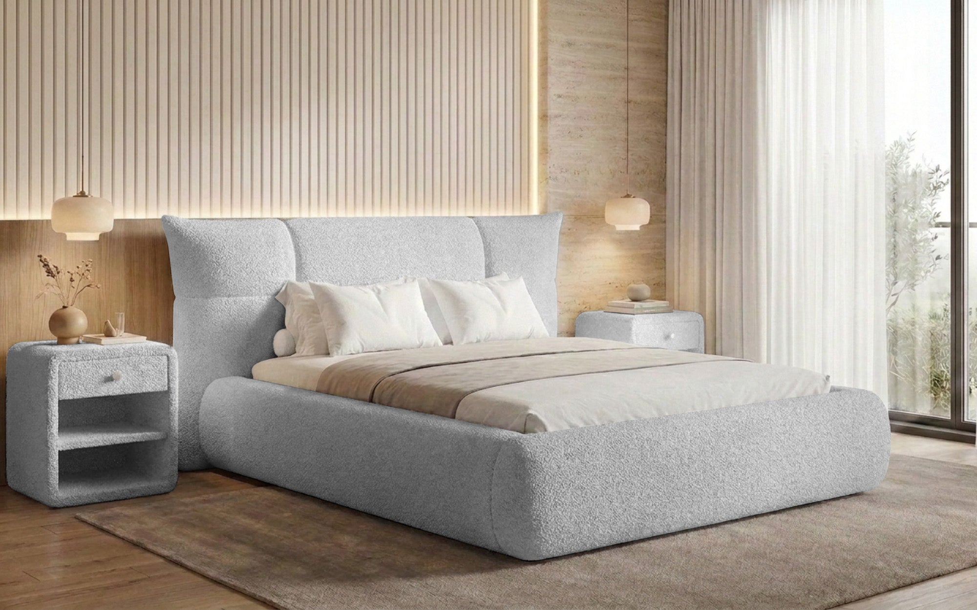 Designer-Polsterbett Gioia an Teddy-Bouclé mat Stauraum