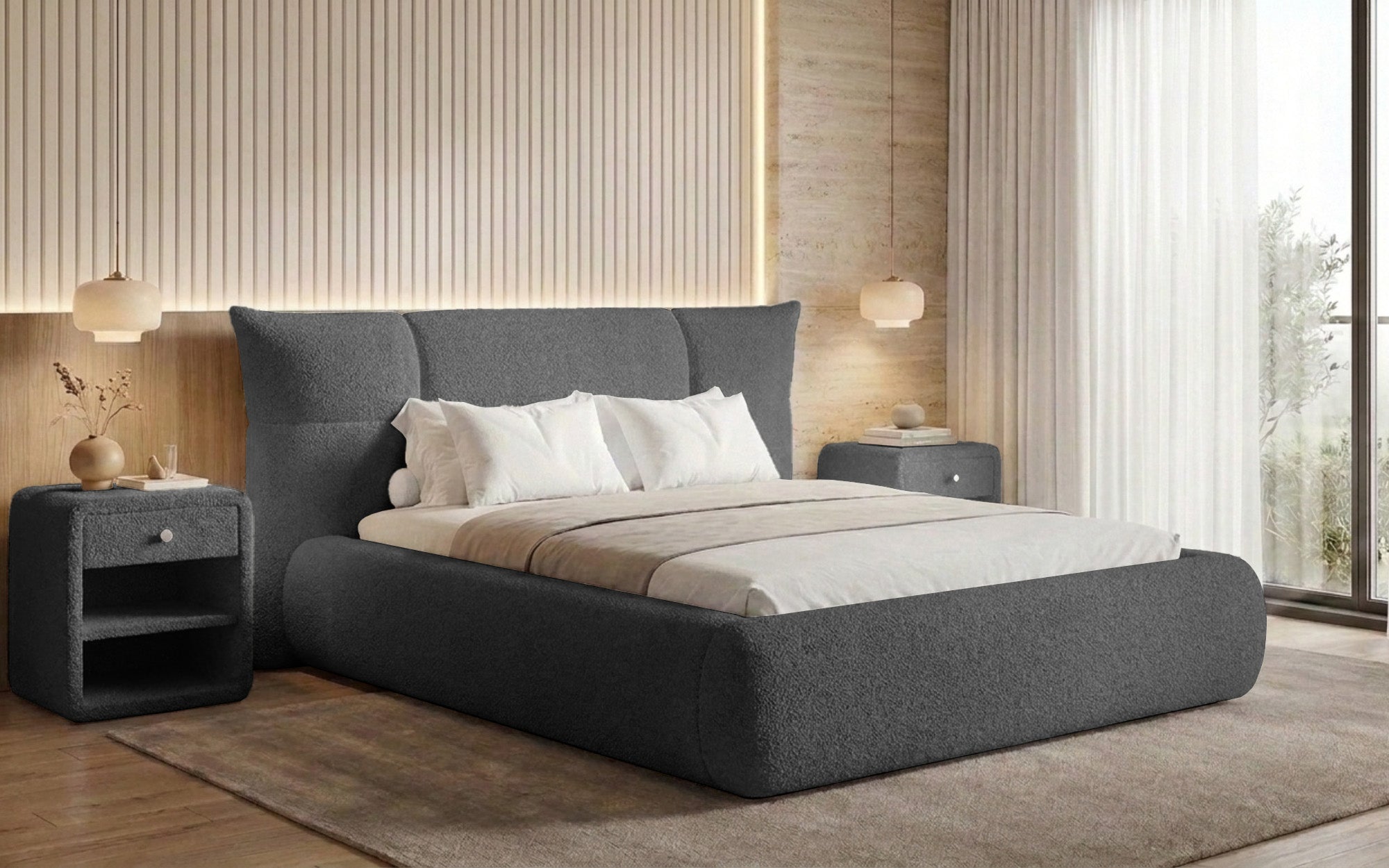 Designer-Polsterbett Gioia an Teddy-Bouclé mat Stauraum