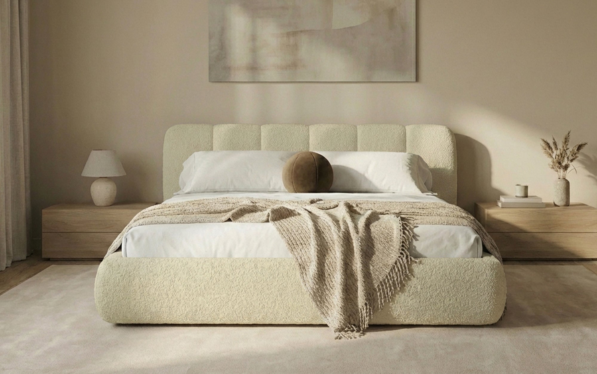 Designer-Polsterbett Avelo am Bouclé mat Späicherplaz