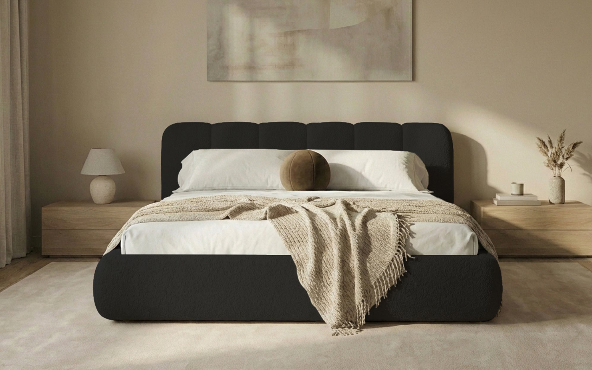 Designer-Polsterbett Avelo am Bouclé mat Späicherplaz