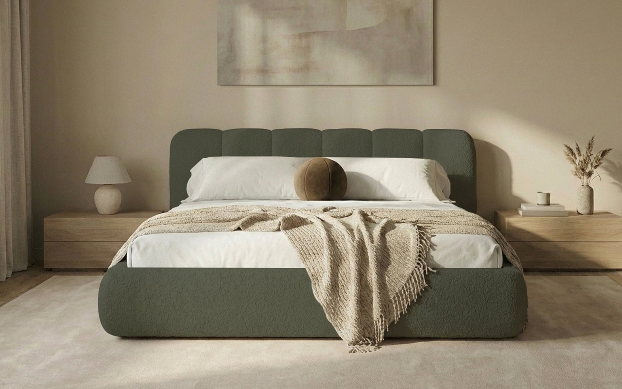 Designer-Polsterbett Avelo am Bouclé mat Späicherplaz