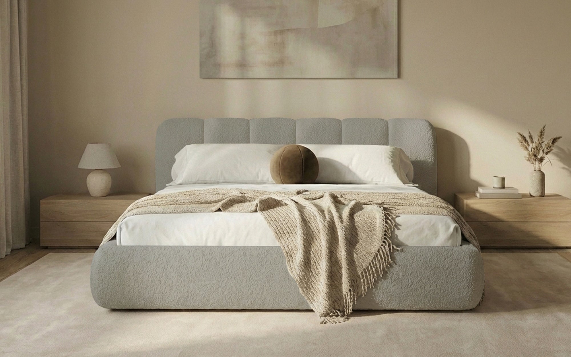 Designer-Polsterbett Avelo am Bouclé mat Späicherplaz