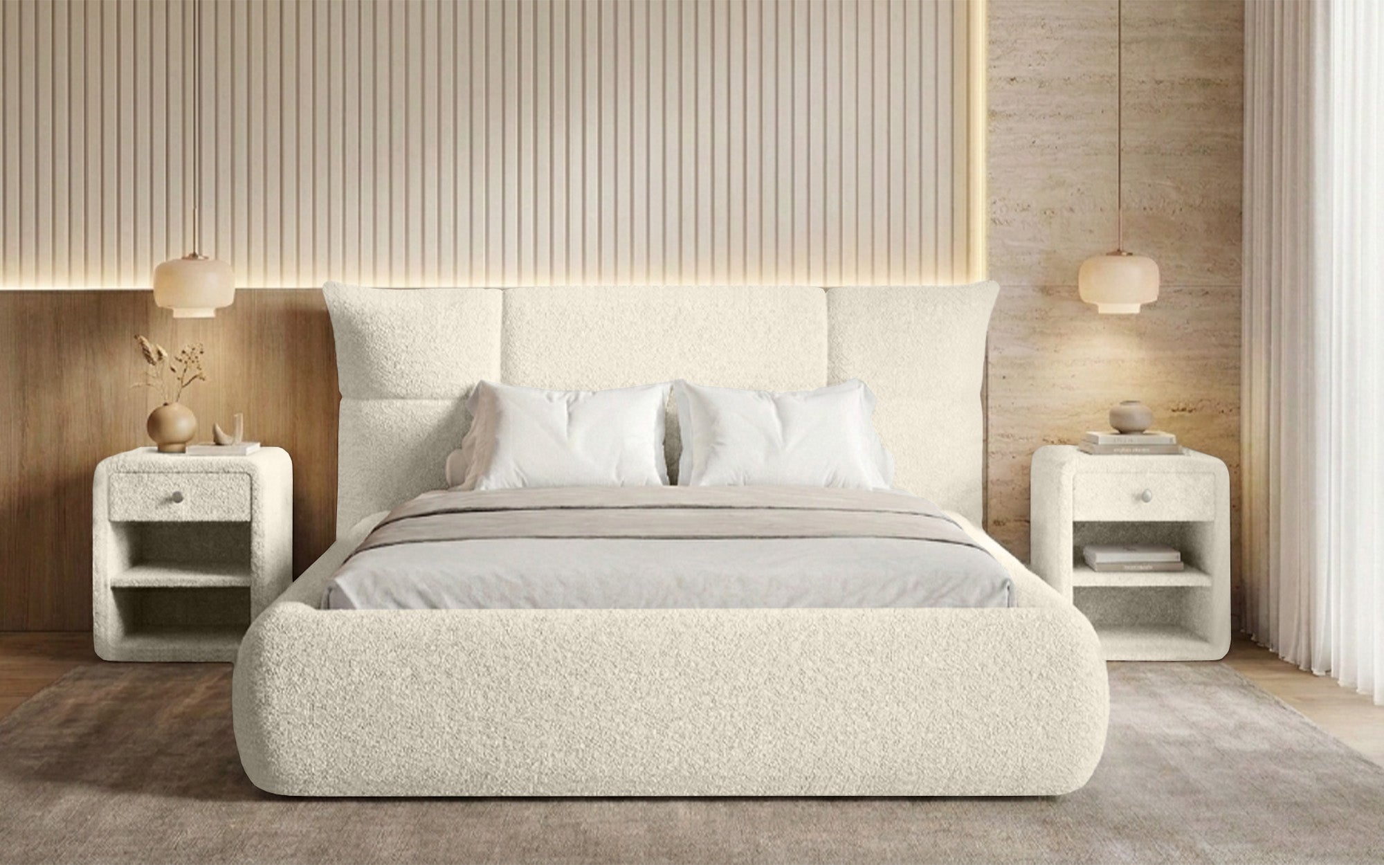 Designer-Polsterbett Gioia an Teddy-Bouclé mat Stauraum