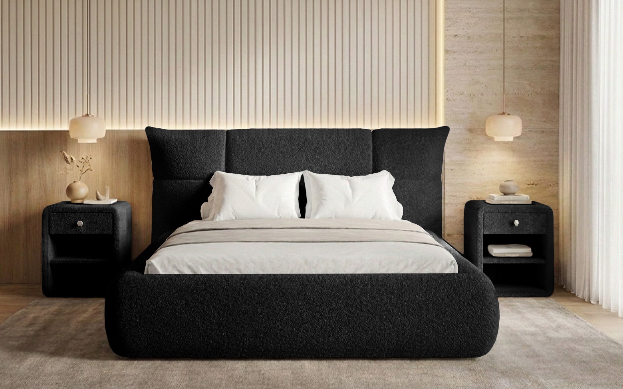 Designer-Polsterbett Gioia an Teddy-Bouclé mat Stauraum
