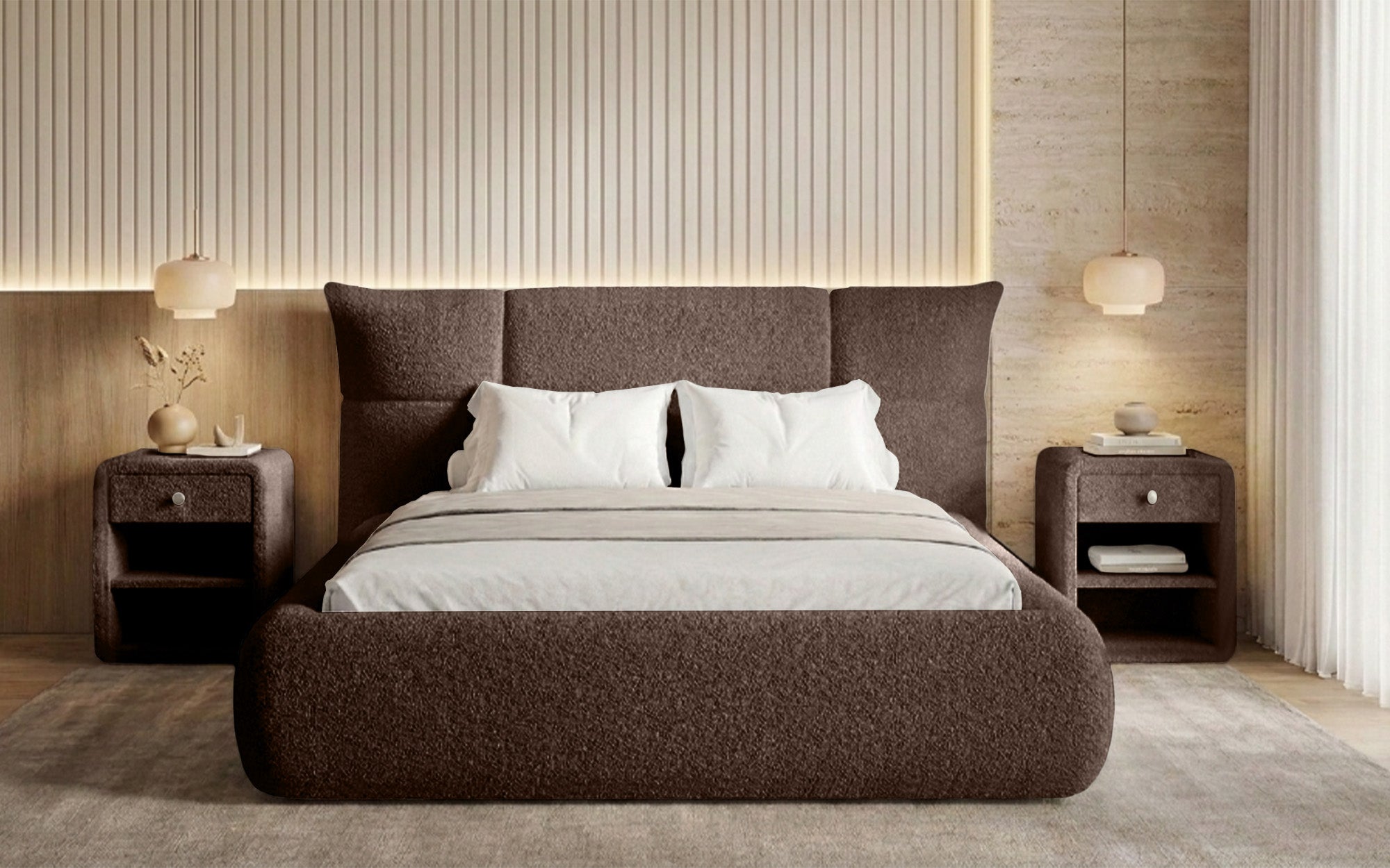 Designer-Polsterbett Gioia an Teddy-Bouclé mat Stauraum