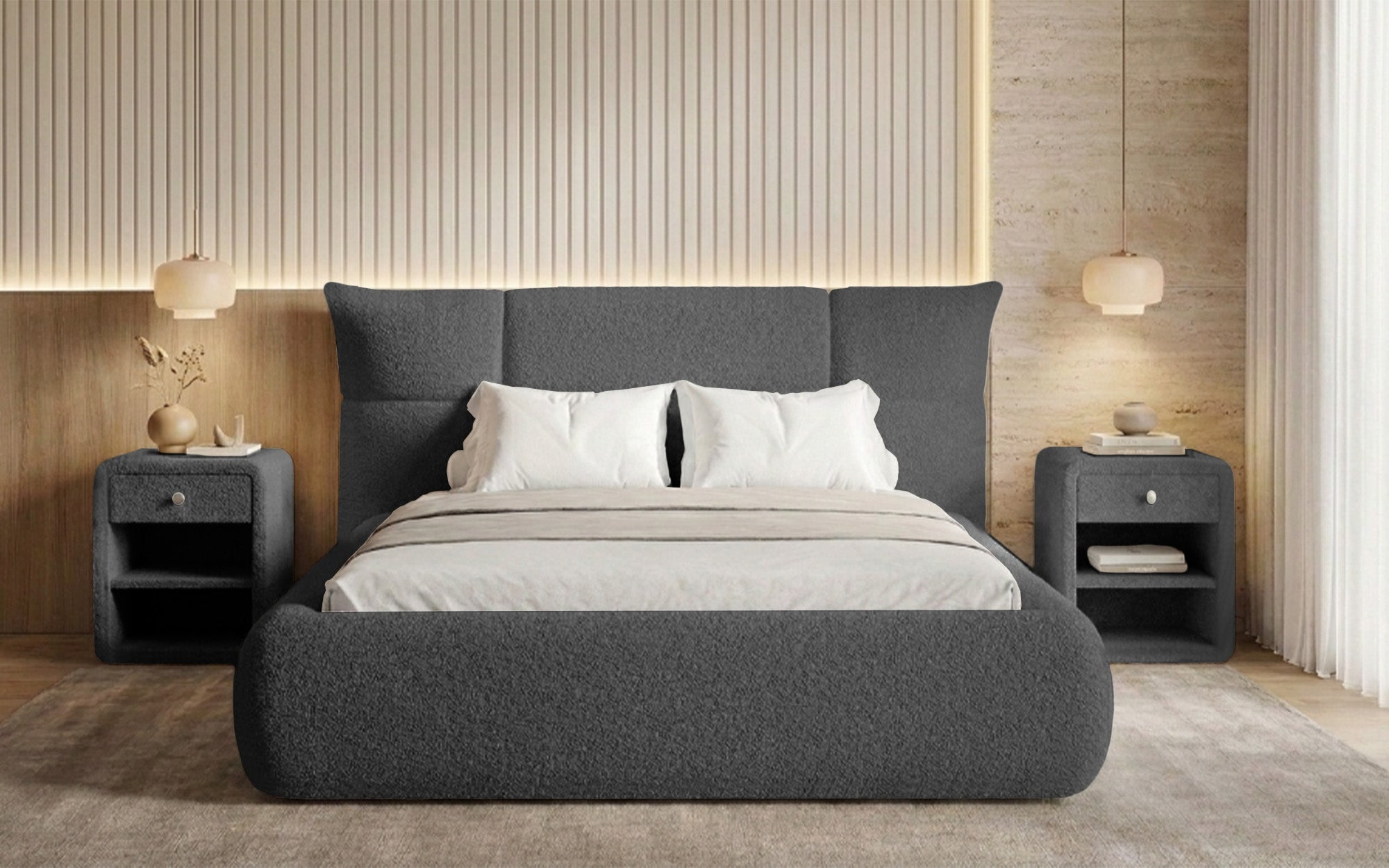Designer-Polsterbett Gioia an Teddy-Bouclé mat Stauraum