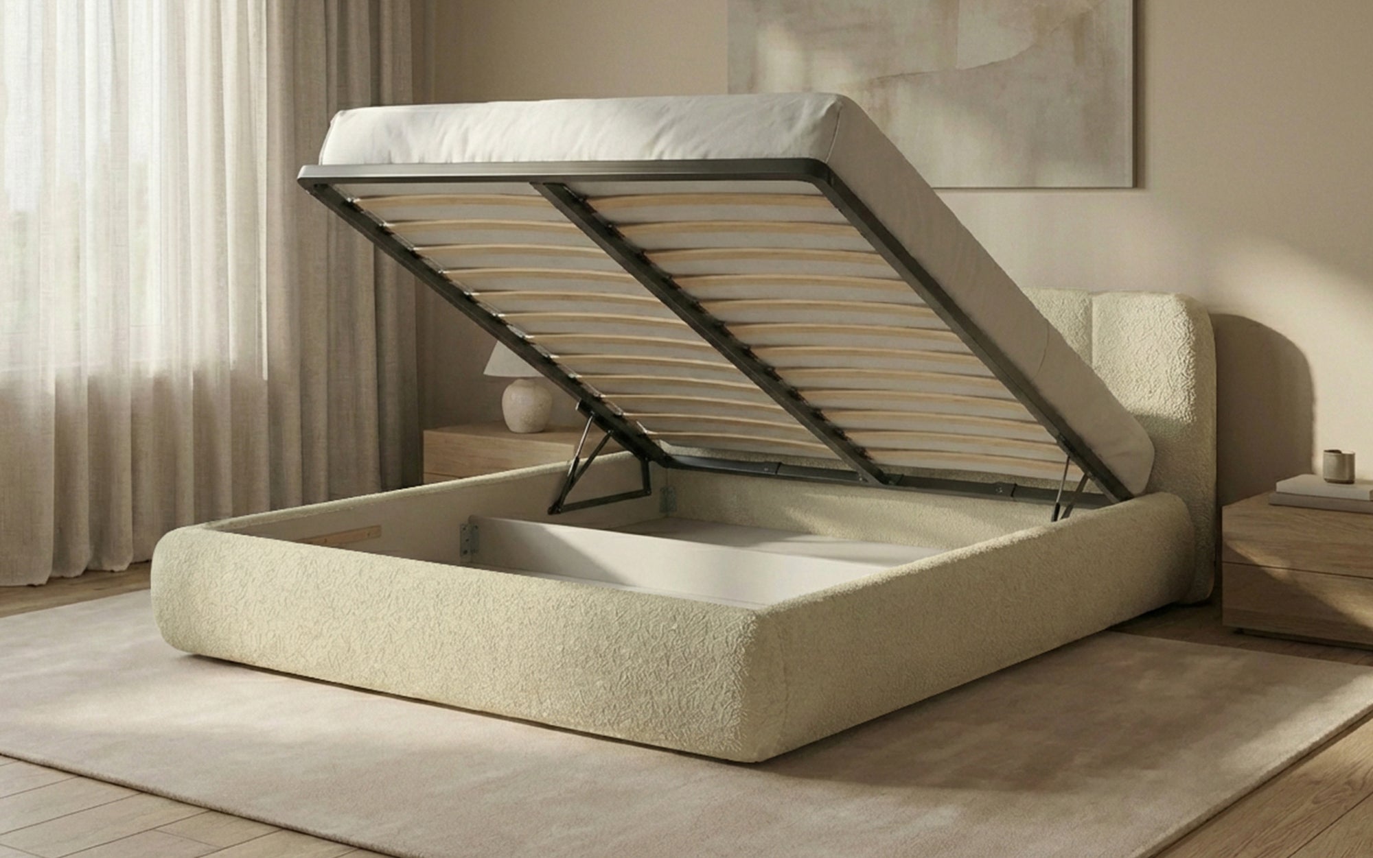 Designer-Polsterbett Avelo am Bouclé mat Späicherplaz