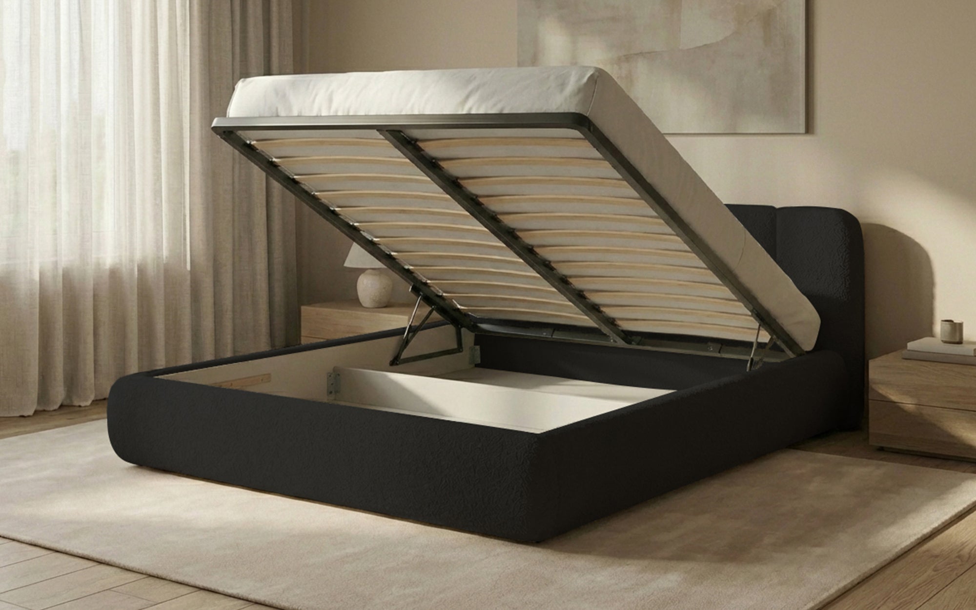 Designer-Polsterbett Avelo am Bouclé mat Späicherplaz