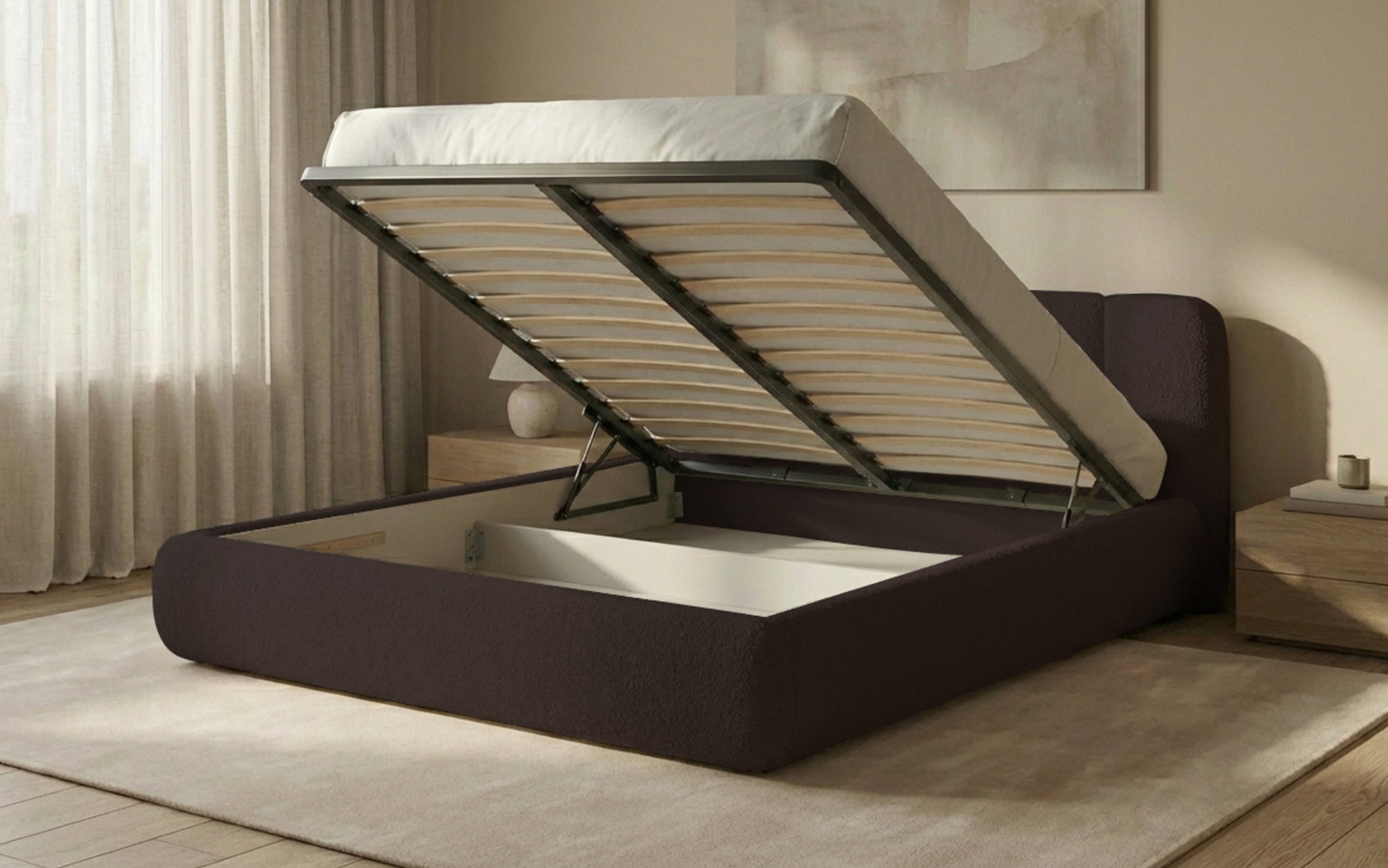 Designer-Polsterbett Avelo am Bouclé mat Späicherplaz