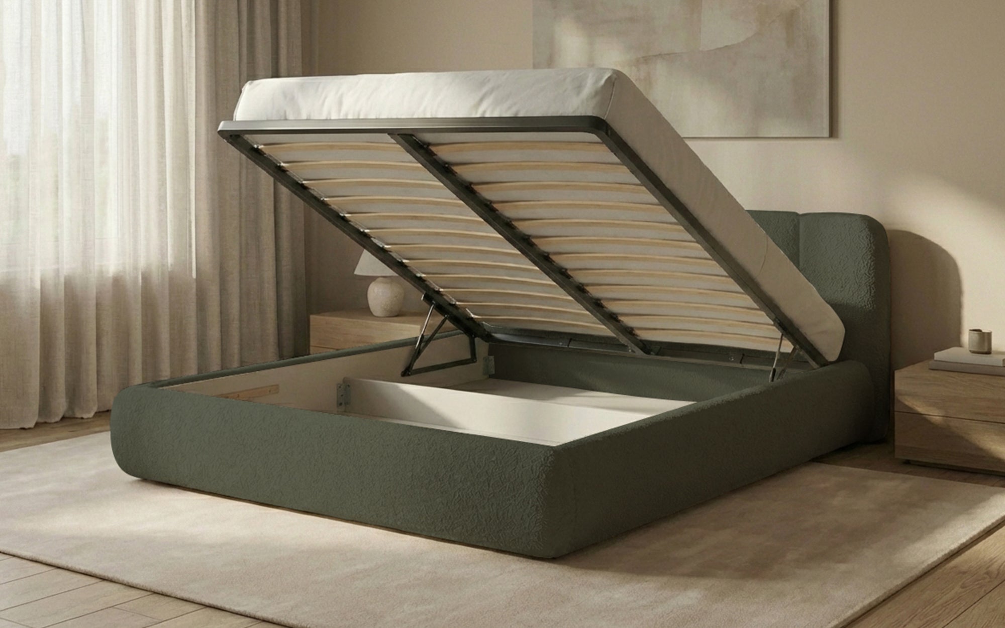 Designer-Polsterbett Avelo am Bouclé mat Späicherplaz