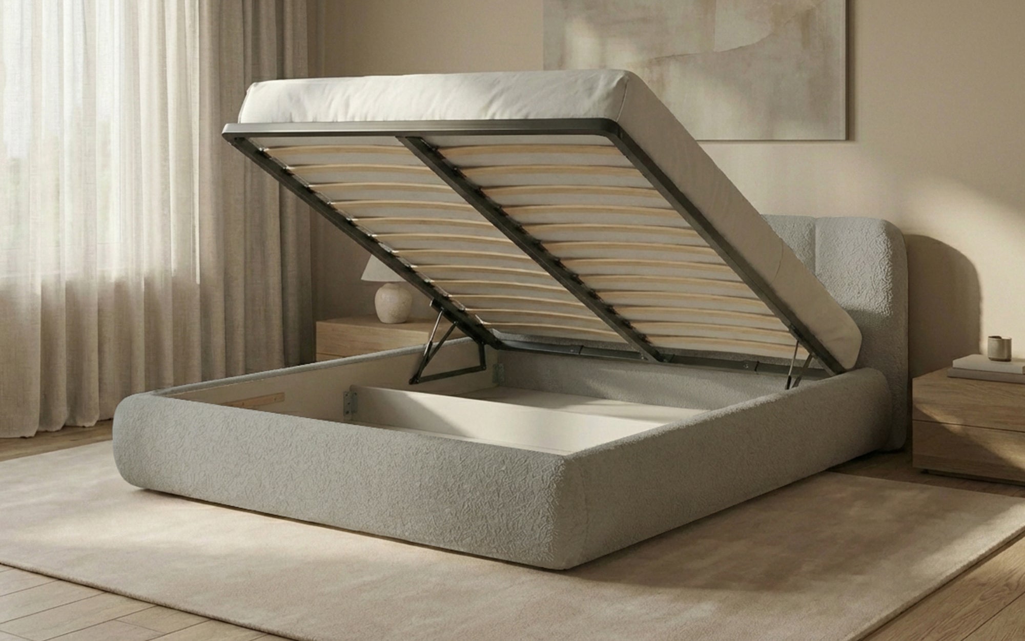 Designer-Polsterbett Avelo am Bouclé mat Späicherplaz