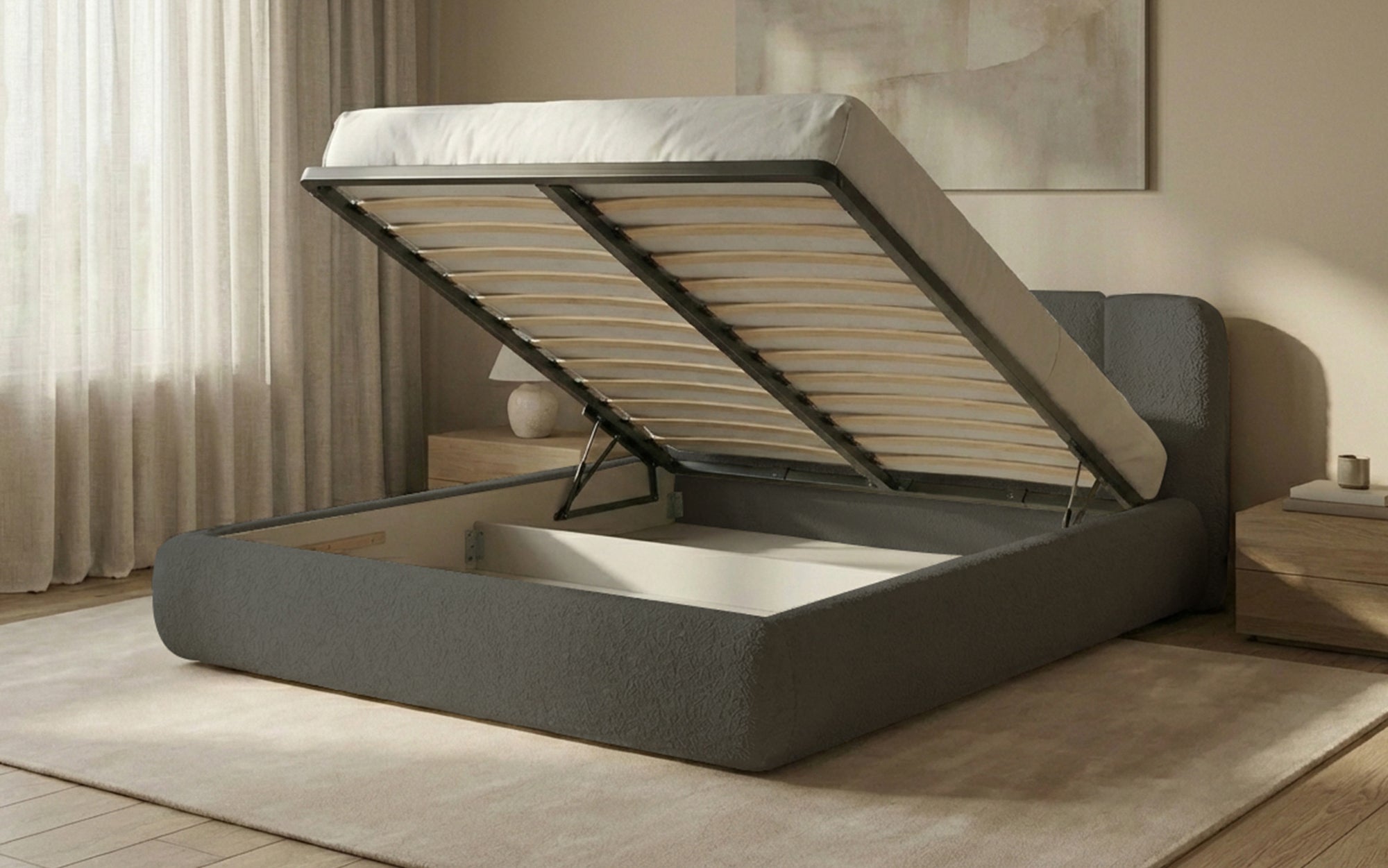 Designer-Polsterbett Avelo am Bouclé mat Späicherplaz