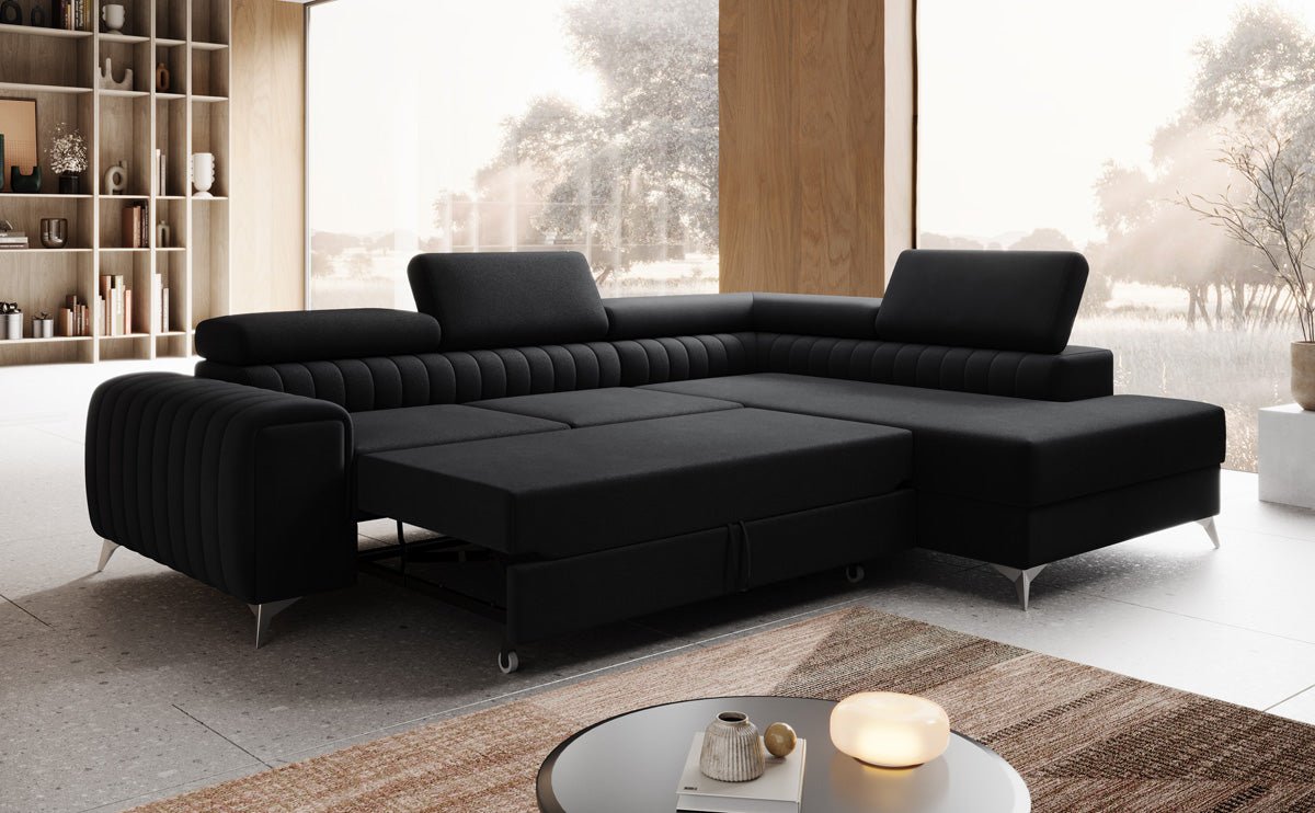 Designer Sofa Aurea L mat Schloof- an Zesummeklappfunktioun a Samt