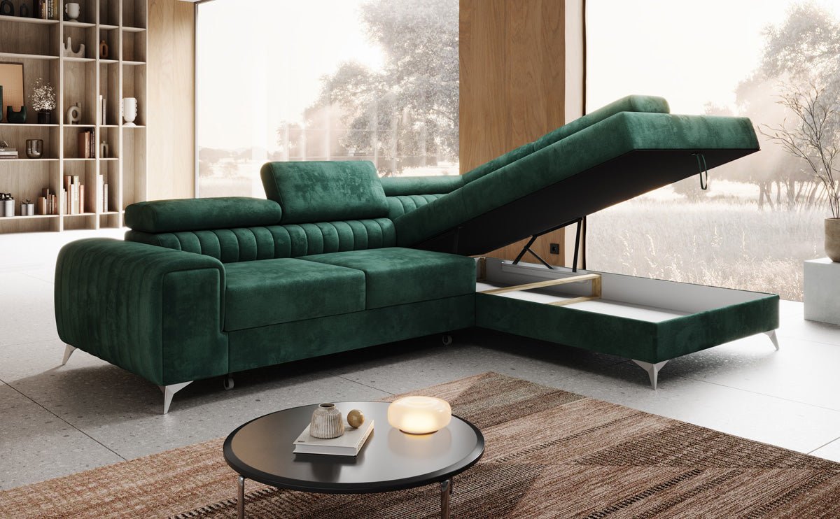 Designer Sofa Aurea L mat Schloof- an Zesummeklappfunktioun a Samt