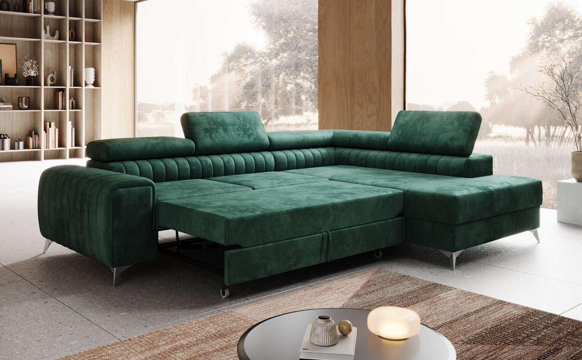 Designer Sofa Aurea L mat Schloof- an Zesummeklappfunktioun a Samt