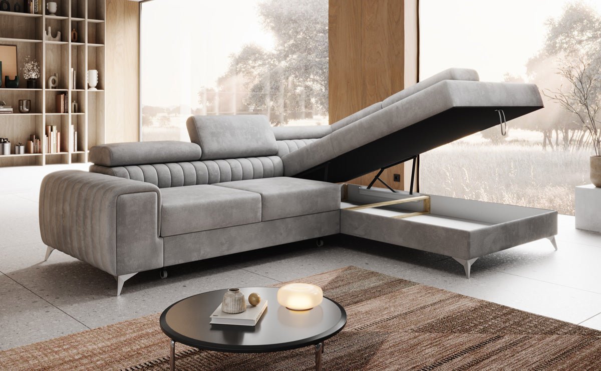 Designer Sofa Aurea L mat Schloof- an Zesummeklappfunktioun a Samt