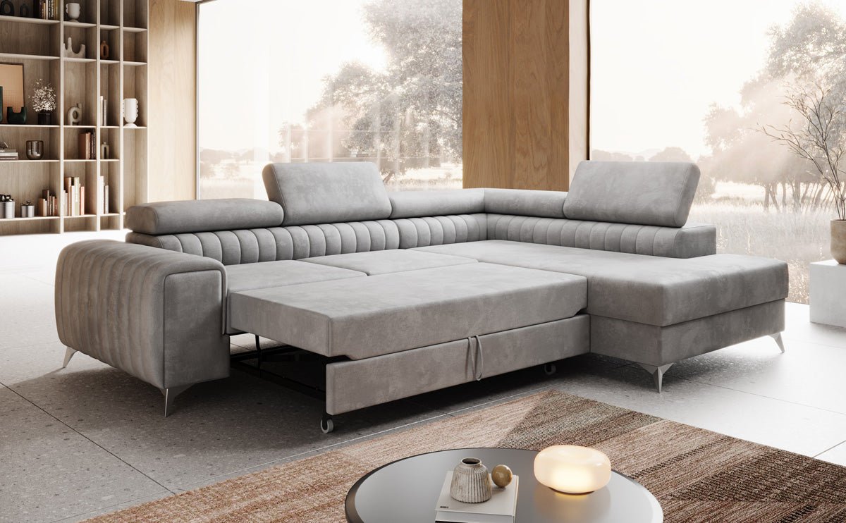 Designer Sofa Aurea L mat Schloof- an Zesummeklappfunktioun a Samt