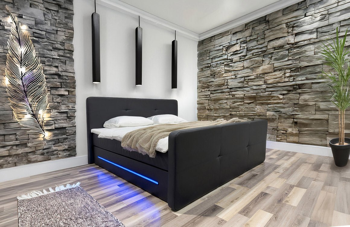 OUTLET - Boxspringbett Oakland mat LED Konschtlieder / 180x200 / Schwaarz / H3