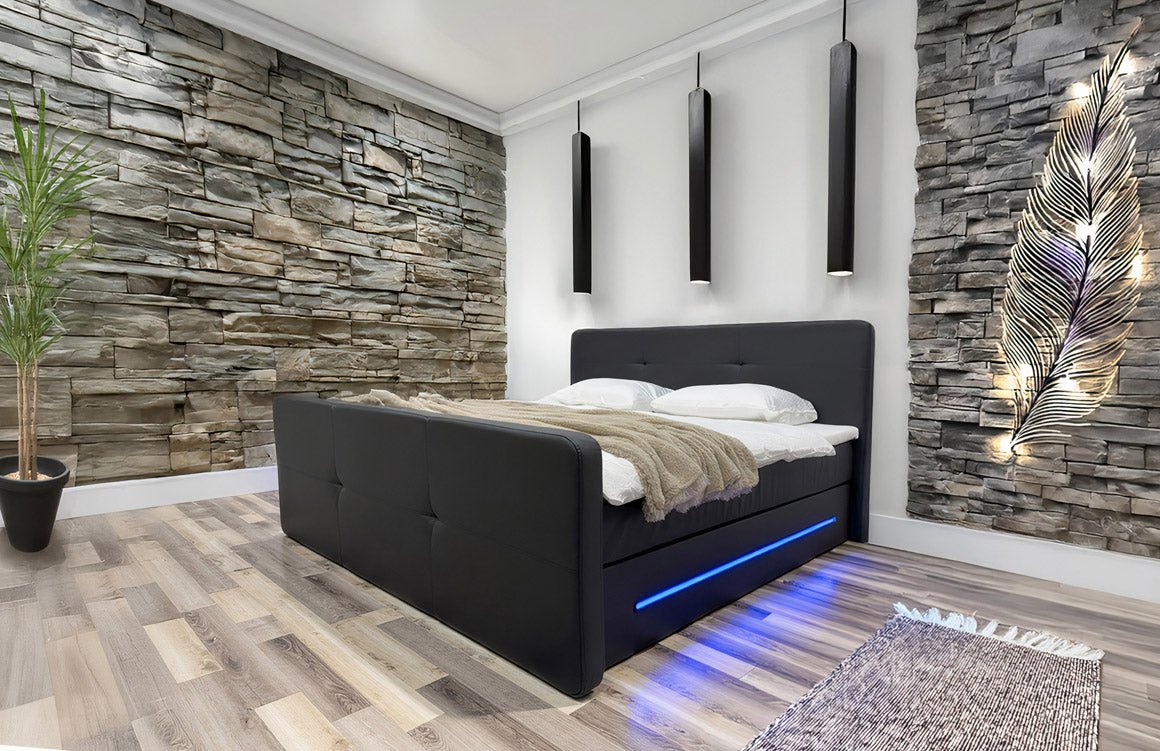 OUTLET - Boxspringbett Oakland mat LED Konschtlieder / 180x200 / Schwaarz / H3