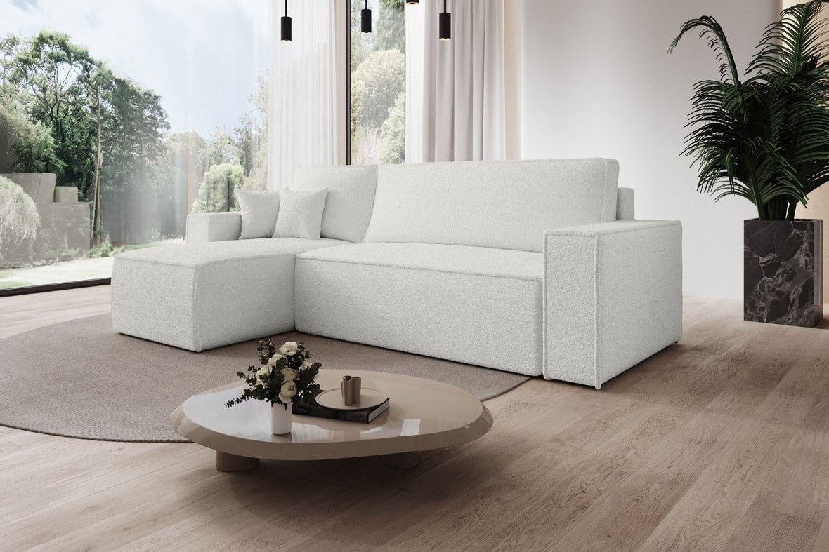Designer Sofa Lorenzo mat Schlooffunktioun an Stauraum aus Frottee