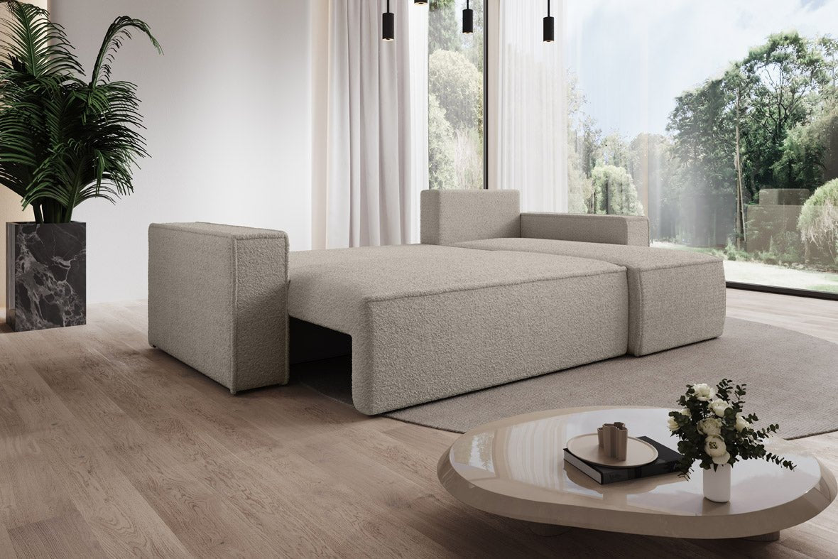 Designer Sofa Lorenzo mat Schlooffunktioun an Stauraum aus Frottee