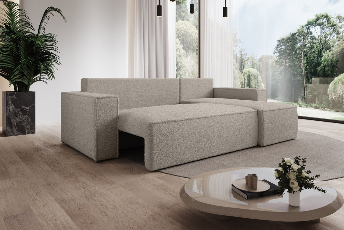 Designer Sofa Lorenzo mat Schlooffunktioun an Stauraum aus Frottee