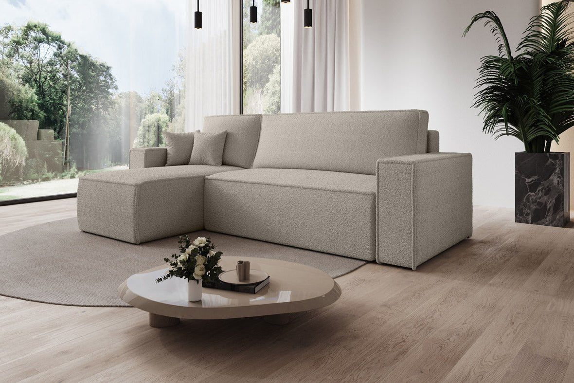 Designer Sofa Lorenzo mat Schlooffunktioun an Stauraum aus Frottee