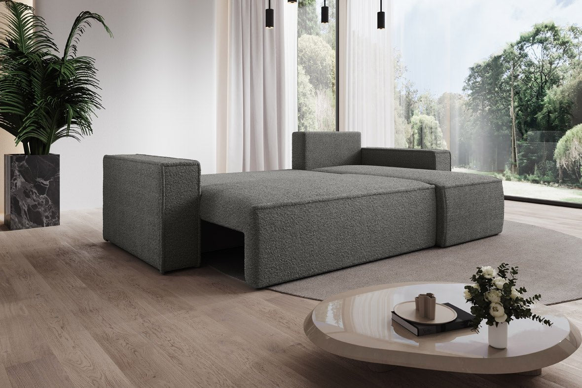 Designer Sofa Lorenzo mat Schlooffunktioun an Stauraum aus Frottee