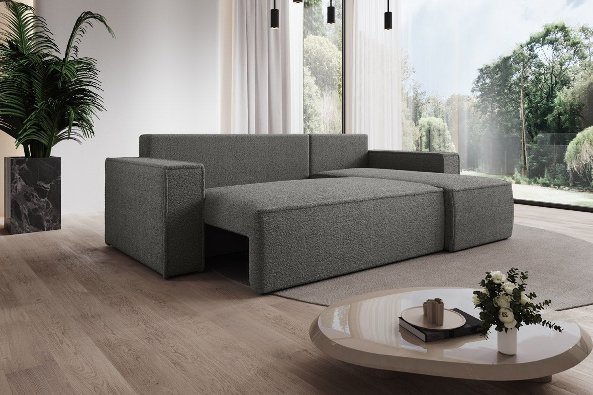 Designer Sofa Lorenzo mat Schlooffunktioun an Stauraum aus Frottee