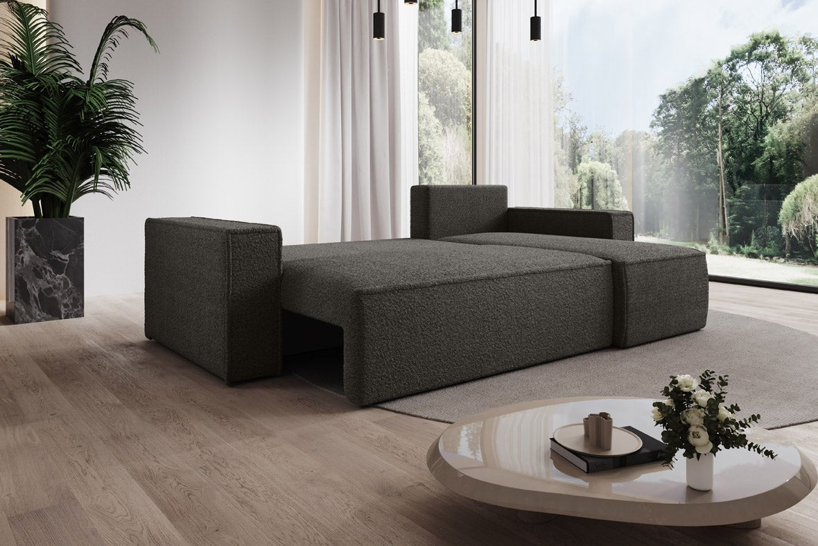 Designer Sofa Lorenzo mat Schlooffunktioun an Stauraum aus Frottee