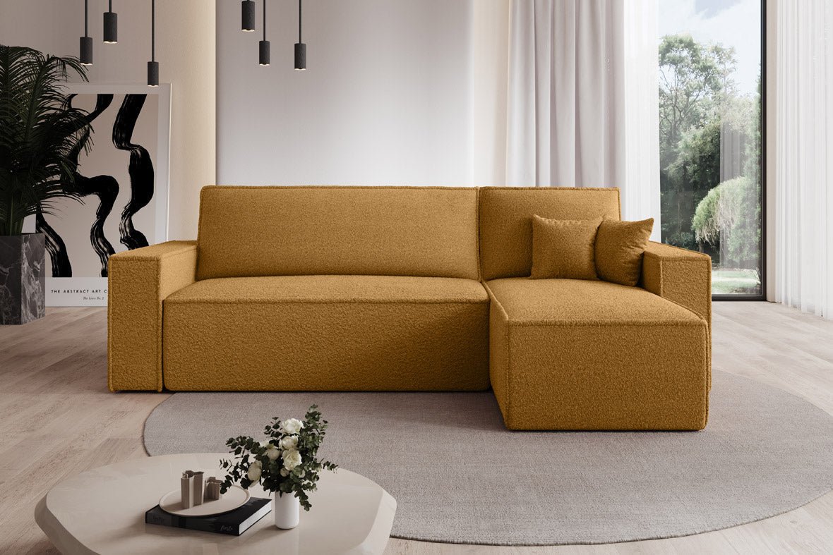 Designer Sofa Lorenzo mat Schlooffunktioun an Stauraum aus Frottee