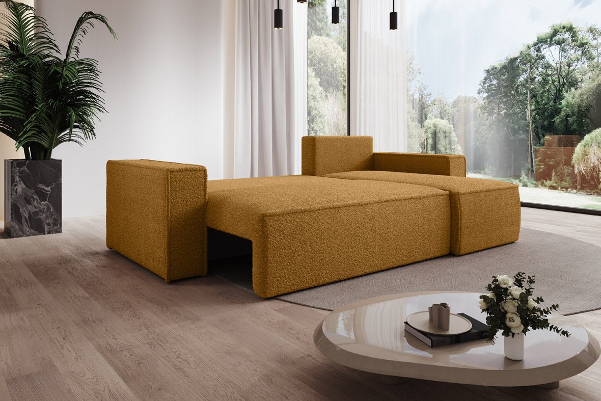 Designer Sofa Lorenzo mat Schlooffunktioun an Stauraum aus Frottee