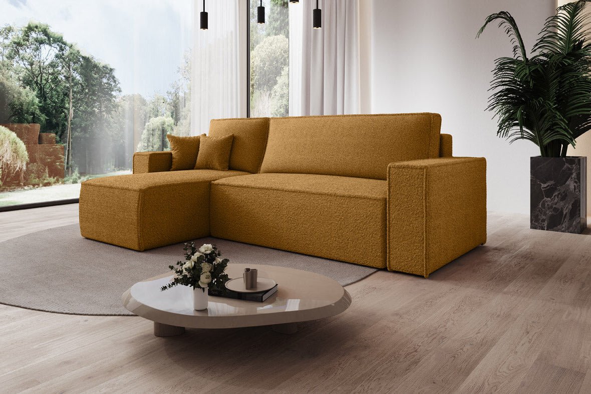 Designer Sofa Lorenzo mat Schlooffunktioun an Stauraum aus Frottee