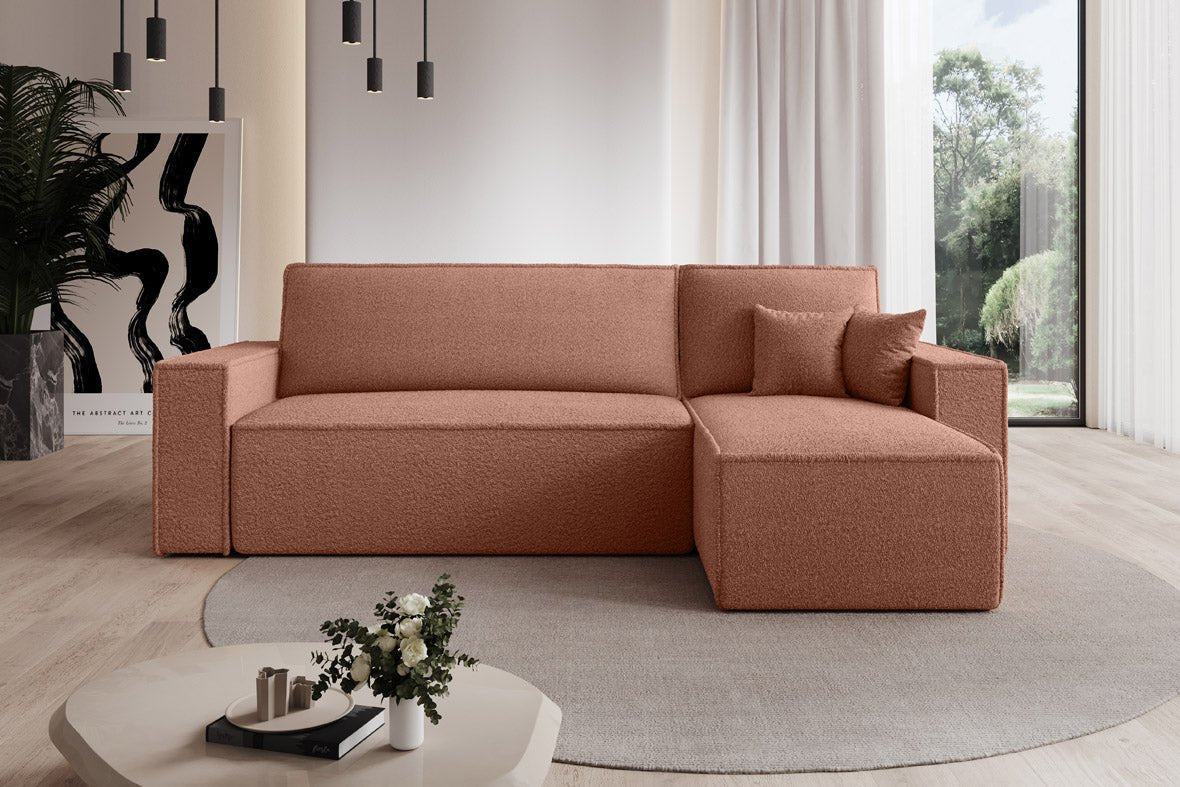 Designer Sofa Lorenzo mat Schlooffunktioun an Stauraum aus Frottee