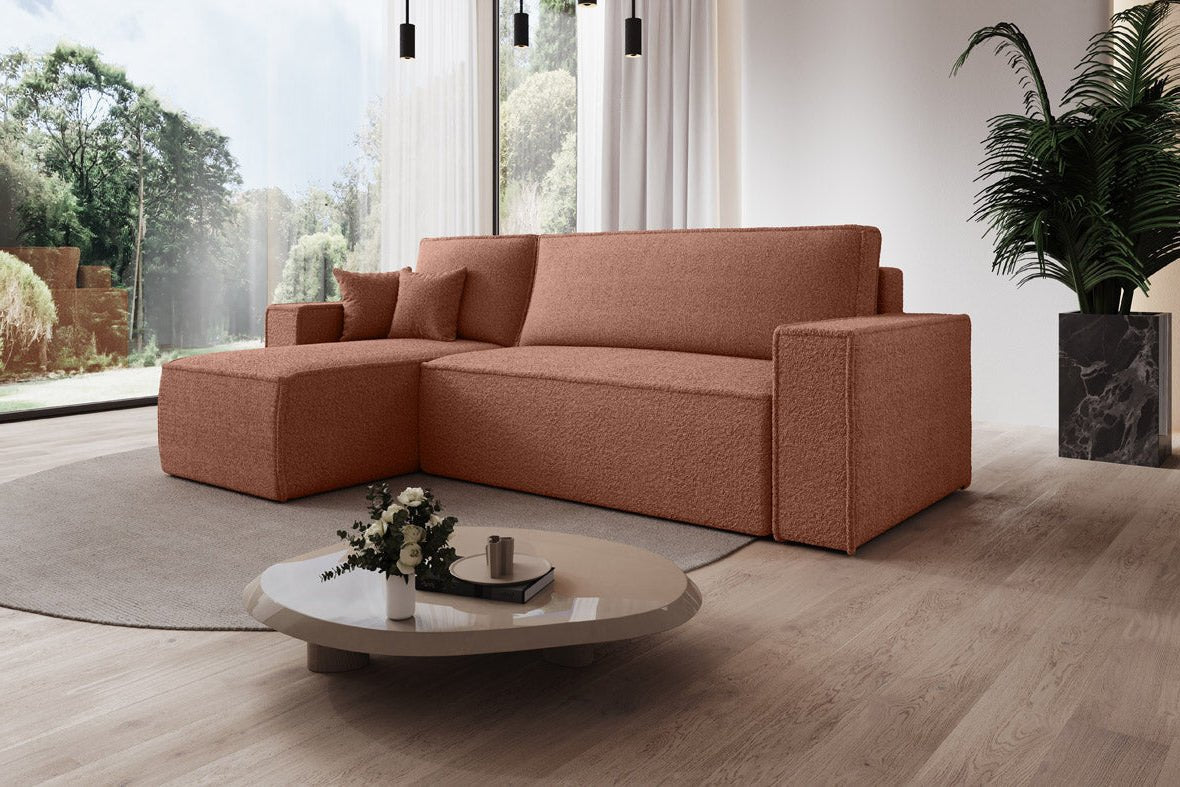 Designer Sofa Lorenzo mat Schlooffunktioun an Stauraum aus Frottee