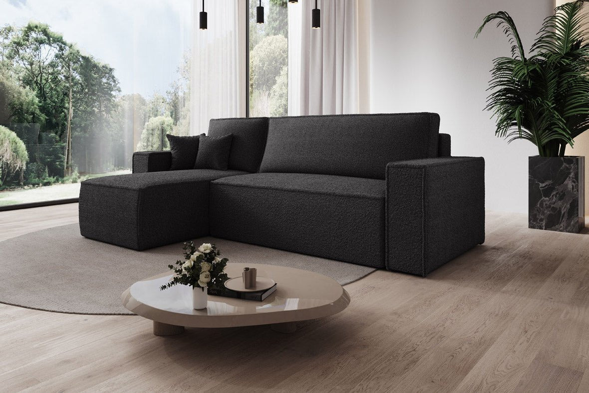 Designer Sofa Lorenzo mat Schlooffunktioun an Stauraum aus Frottee