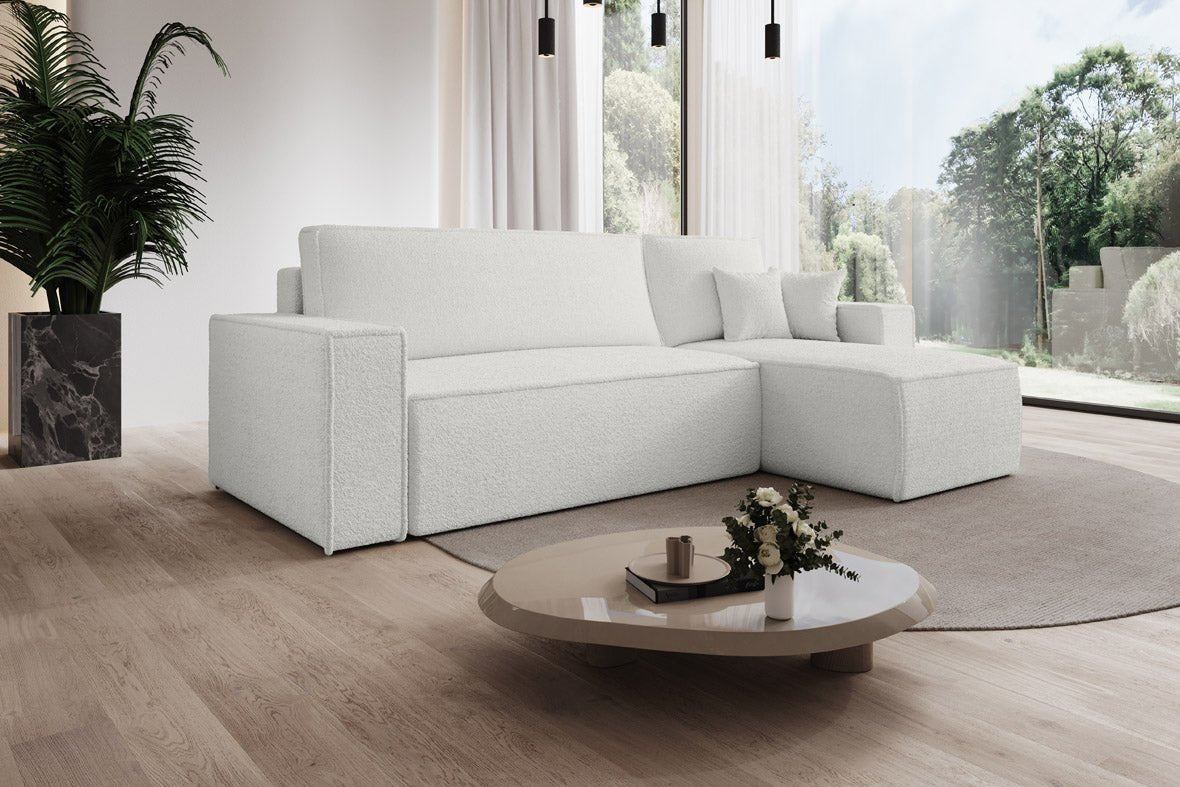 Designer Sofa Lorenzo mat Schlooffunktioun an Stauraum aus Frottee