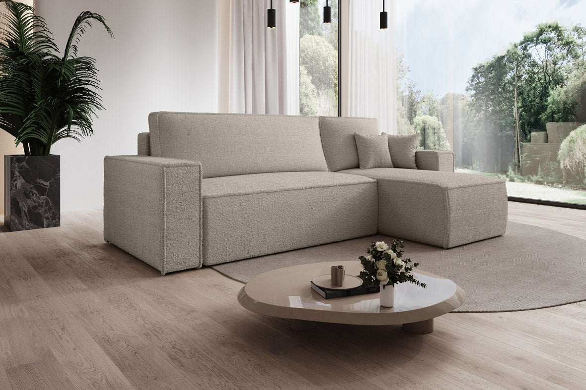 Designer Sofa Lorenzo mat Schlooffunktioun an Stauraum aus Frottee