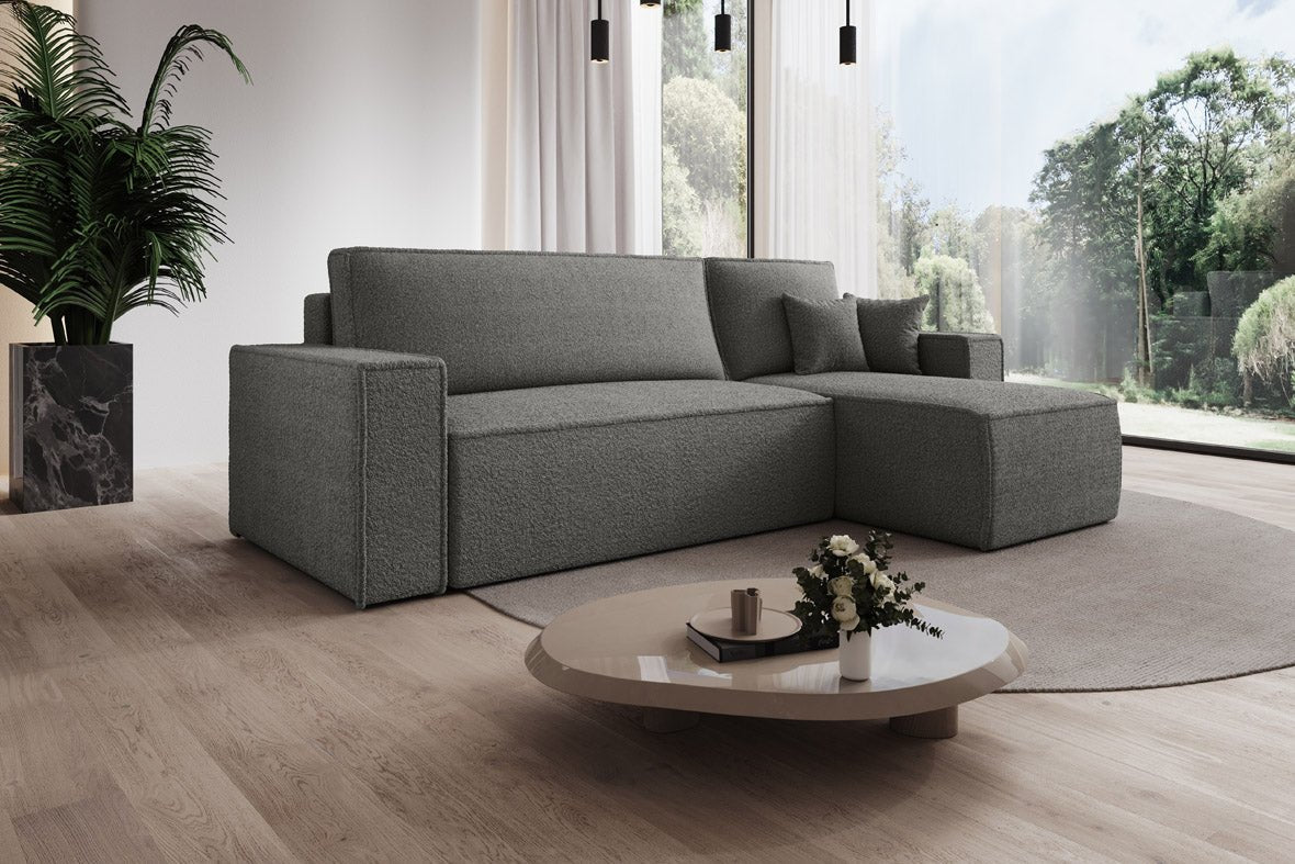 Designer Sofa Lorenzo mat Schlooffunktioun an Stauraum aus Frottee