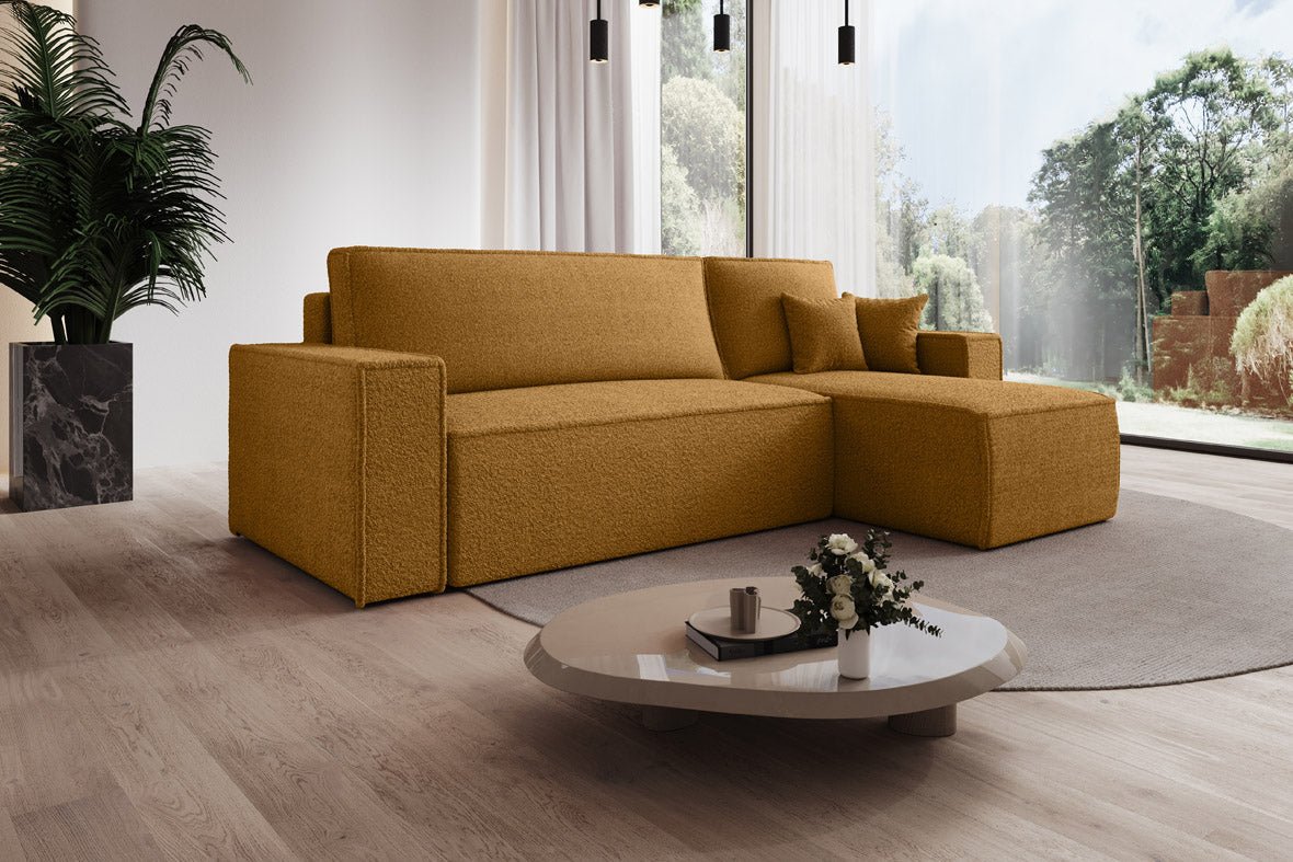 Designer Sofa Lorenzo mat Schlooffunktioun an Stauraum aus Frottee