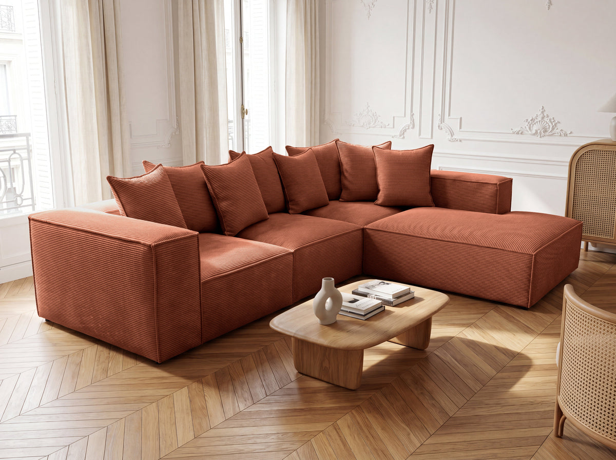 Designer-Ecksofa Largo mat laanger Ottomane aus Cord