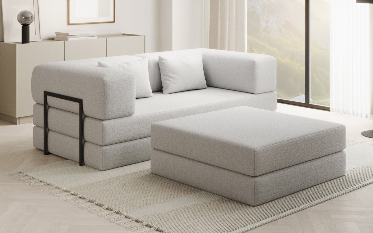 Lazy Spar-Set: 3-Sitzer + Hocker in Bouclé